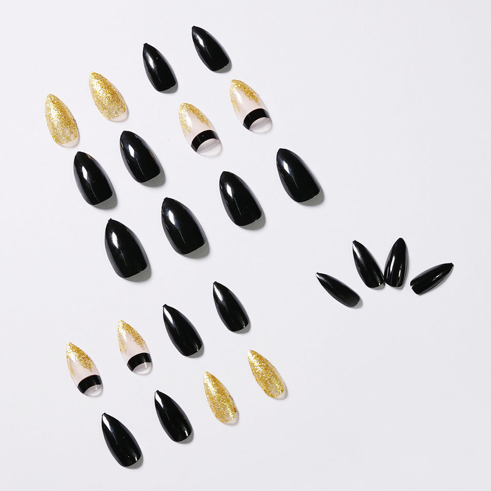 Black Gold Glitter Pointed Wear Nail Art Finished Fake Nails
