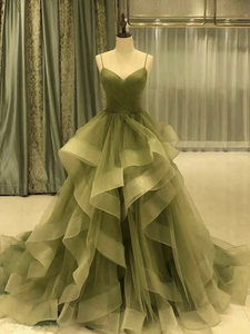 Spaghetti Strap Green A Line Long Prom Dress Formal Evening Gown Party Dress 293