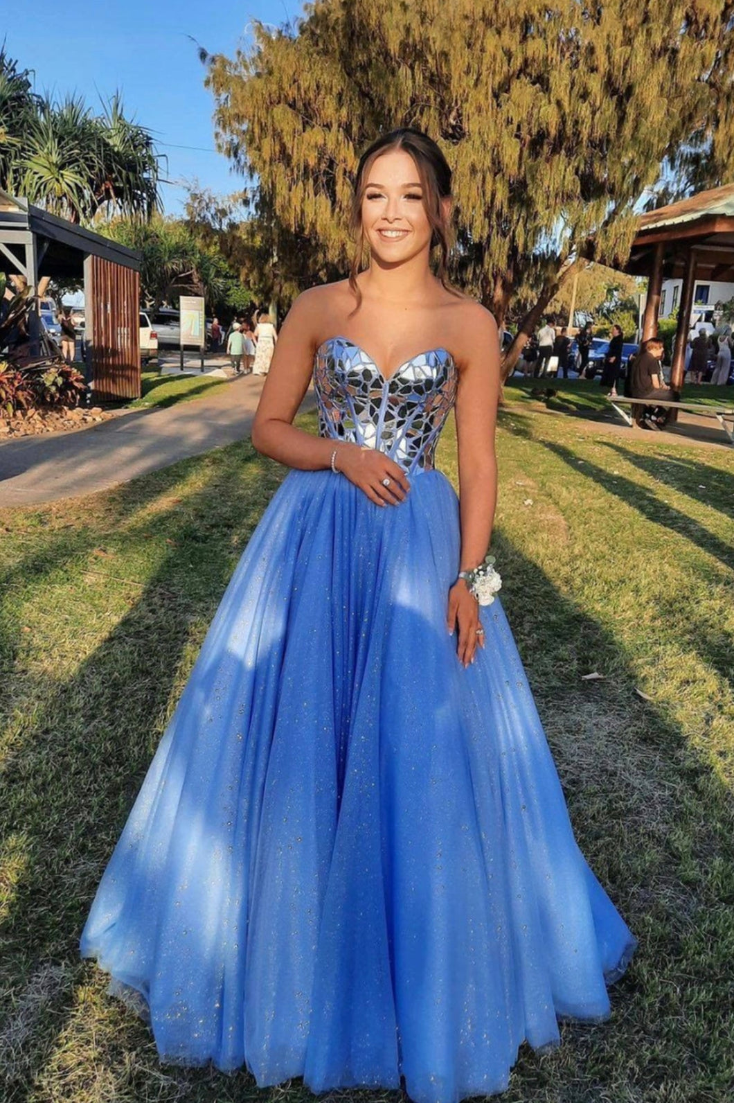 Blue Tulle Sequins Long Prom Dresses, A-Line Strapless Evening Dresses