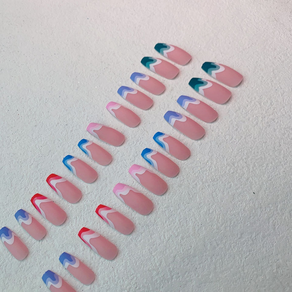 Fake Nails Multicolored Wave Pattern Extra Long Ballerina Frosted Nail Art