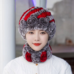 Winter Warm Rex Rabbit Fur Hat Scarf Suit