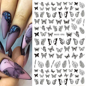 Black Butterfly Nails Stickers Decals White Flower Adhesive Manicure