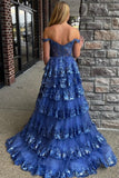 Corset Tulle Appliques Tiered Ruffle Long Prom Dress with slit