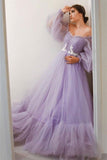 Puffy Long Sleeves Lavender Tulle A-line Ball Gown