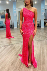 Sparkle Hot Pink Sequin Mermaid One Shoulder Long Formal Dress