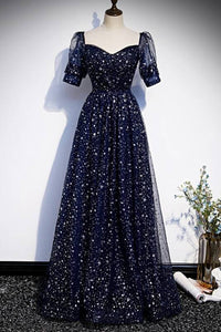 Starry Navy Blue A-line Long Prom Dress