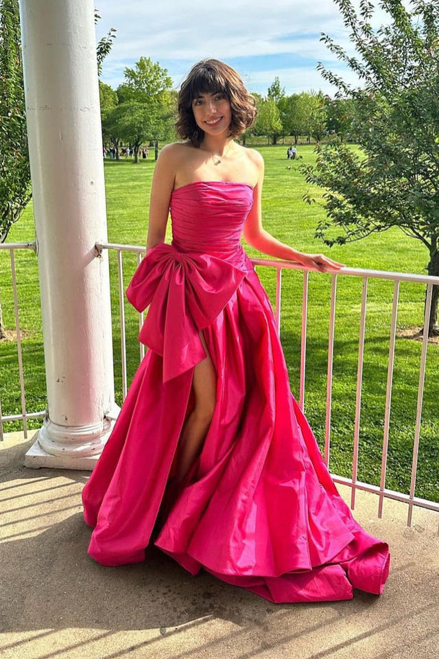 Strapless Fuchsia Ruched Satin Long Prom Dress with Bow