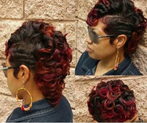 European And American Women Short Hair Wig Black Highlights Wine Red