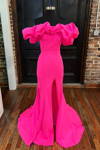 Heißes rosafarbenes, schulterfreies, langes Abendkleid im Meerjungfrau-Stil mit Schlitz
