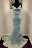 Mermaid Light Blue Sequin Long Prom Dress with Cowl Neck