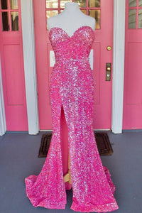 Glitzerndes, heißes, pinkes Pailletten-Meerjungfrau-Schatzkleid mit langem Ballkleid