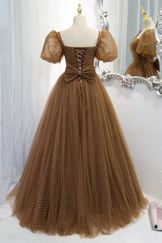 Sweet Brown A-line Tulle Polk Dots Long Formal Dress