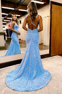 Blue Sequin Straps Empire Mermaid Long Prom Dress