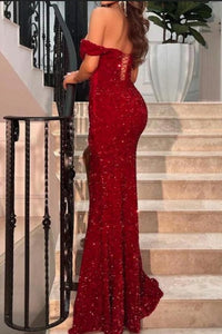Sparkly Red Off-the-shoulder Long Mermaid Prom Dresses With Slit