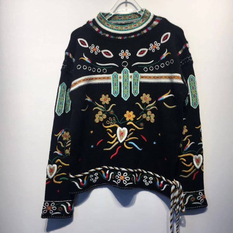 Retro Heavy Industry Embroidery Embroidery National Wind Loose Pullover Lazy Wind Sweater Women