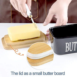 Porcelain Butter Dish with Bamboo Lid - Covered Butter Dish with Butter Knife for Countertop