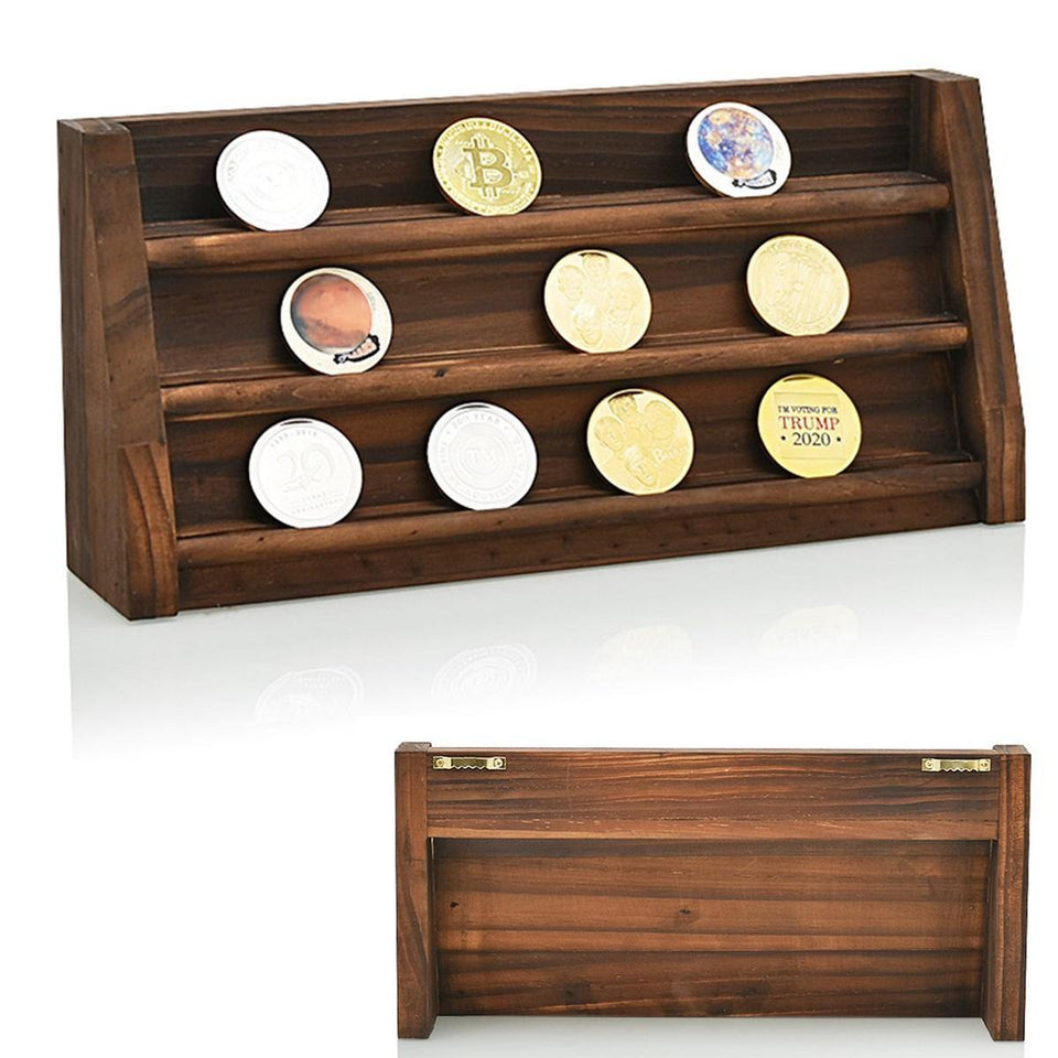 Wooden Challenge Collectible Coin Holder Display Rack Stand Case Shelf Decorations