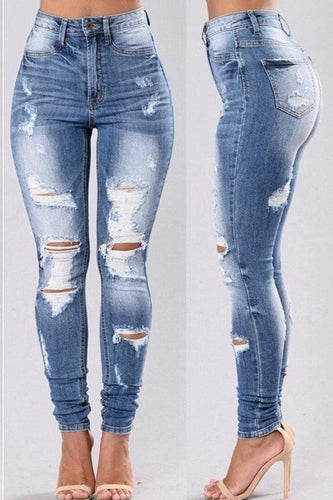 Stilvolle Jeans mit hoher Taille und gebrochenen Löchern