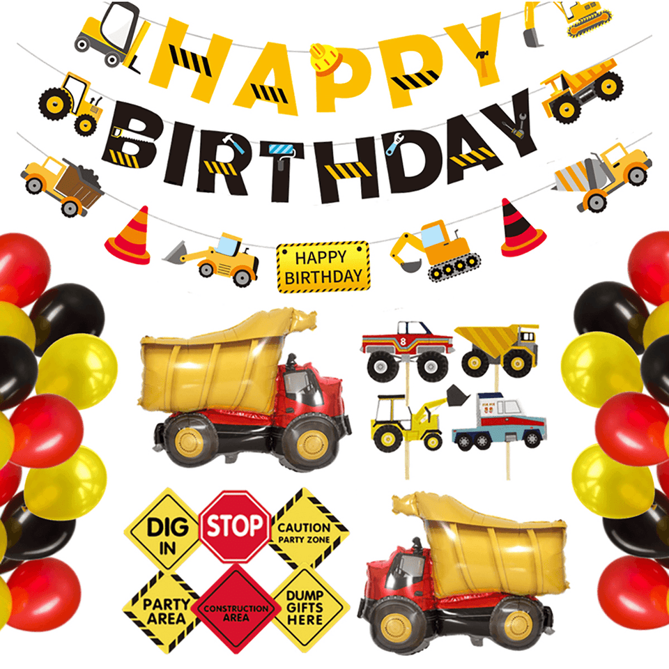 Construction Truck Birthday Flag Sign Cake Insert Aluminum Film Balloon Engineering Car for Party Decoration