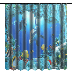 Dolphin Ocean Bathroom Shower Curtain Bath Mat Toliet Pedestal Rug Pad Cover