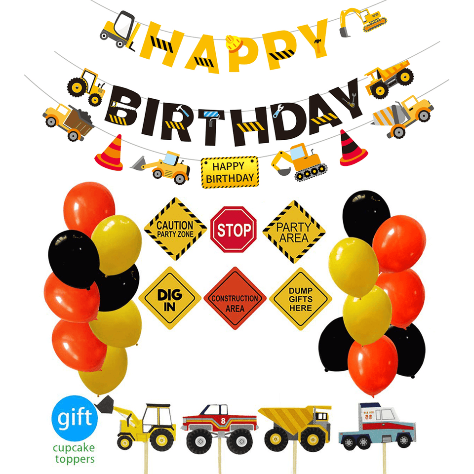 Construction Truck Birthday Flag Sign Cake Insert Aluminum Film Balloon Engineering Car for Party Decoration