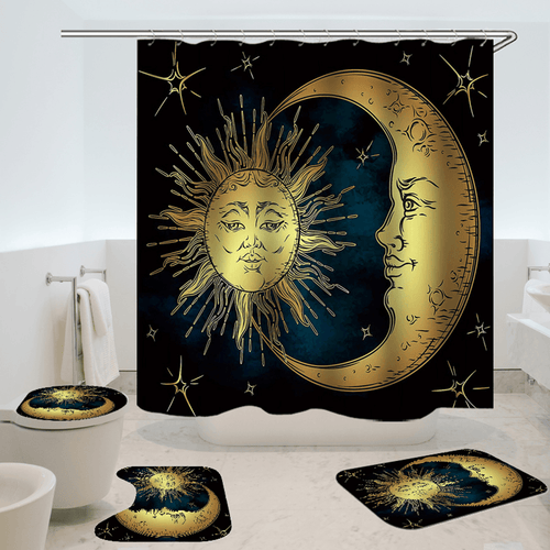 180X180Cm Sun Bathroom Waterproof Polyester Fabric Shower Curtains with 12 Hooks + Toilet Mat Rug