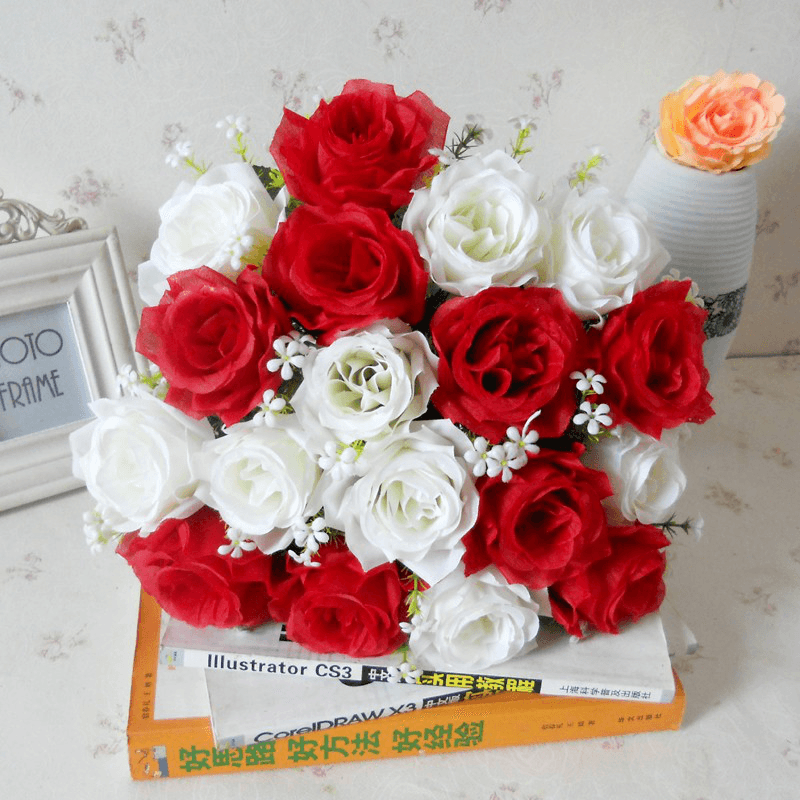 18 Head / Bouquet 15'' Artificial Silk Roses Flowers Bridal Home Wedding Decor Supplies