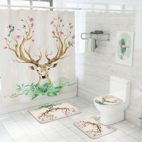 Elk Flower Printing Shower Curtain Floor Mat Four-Piece Combination Bathroom Mat Set