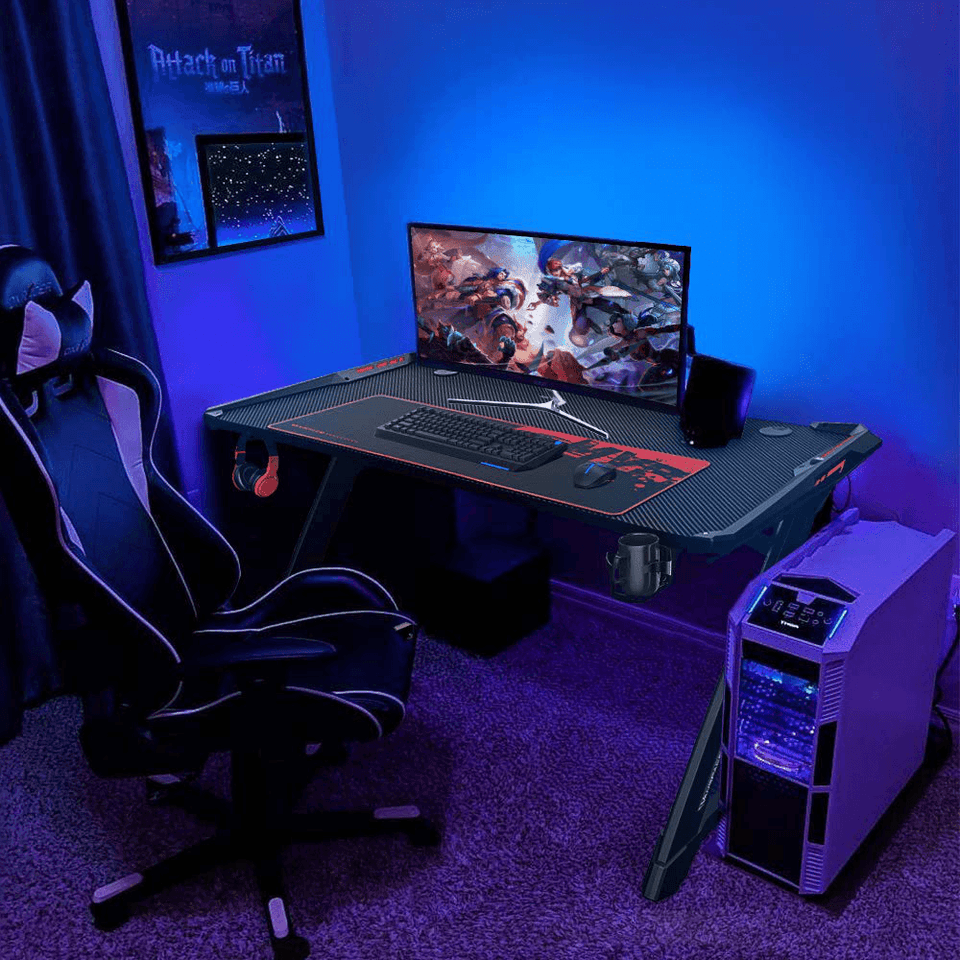 VANSPACE GD01 47 Inch Ergonomic Gaming Desk with RGB LED Light Mouse Pad Z-Shape Office Desk PC Computer Laptop Desk Racing Gaming Table Gamer Workstation with Cup Holder&Headphone Hook Cable Manageme