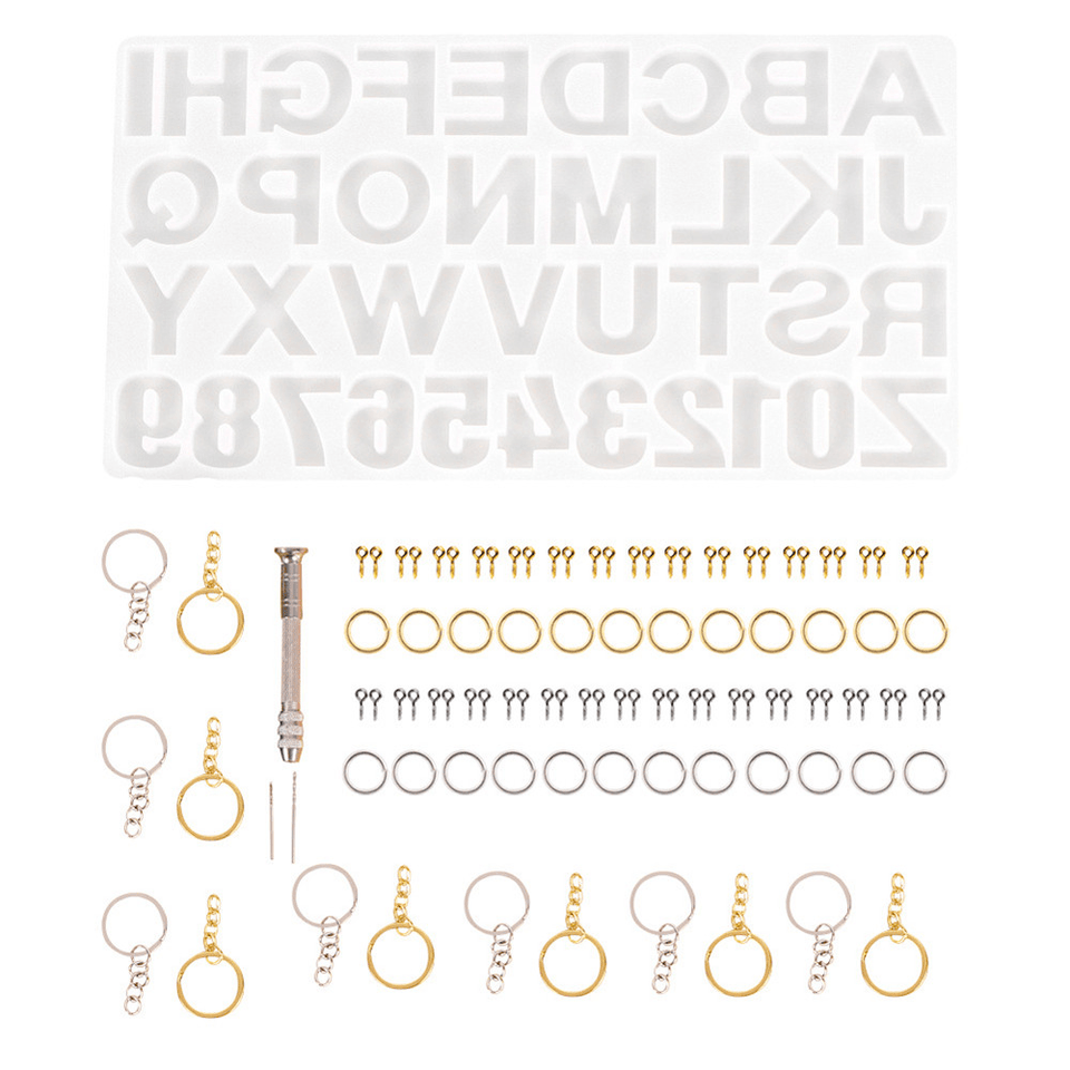 224Pcs Keychain Making Kit Jewelry Number Alphabet Silicone Mould Key Rings Jump Rings Twist Drill Screw Eye Pins Set