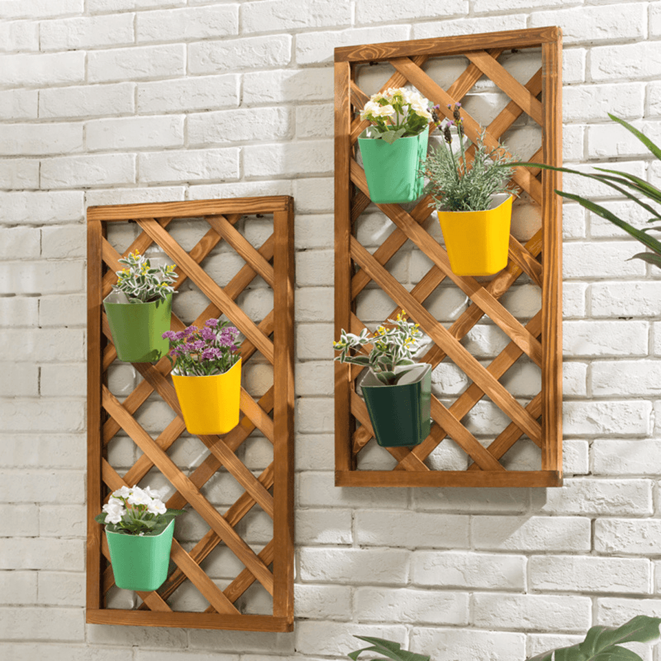 Wall Hanging Flower Pot Shelf Plant Stand Grid Back Wooden Home Garden Decorations