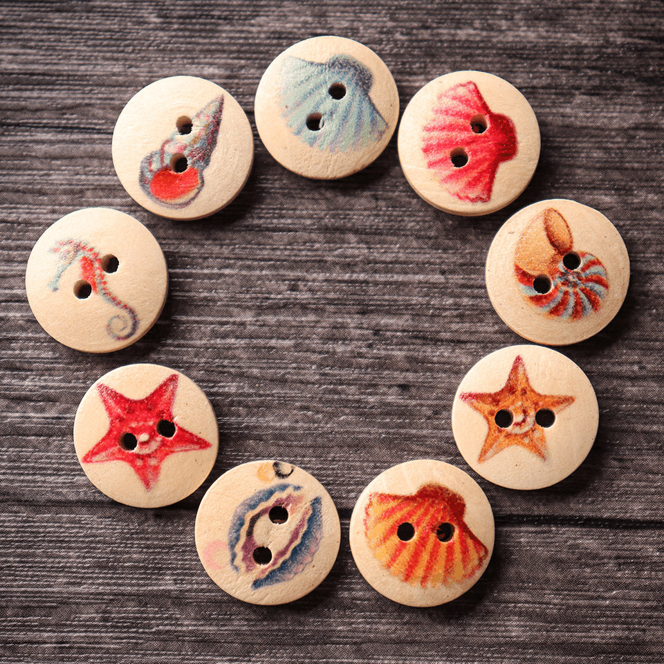 100 PCS Ocean round Pattern Wooden Button Mixed 2 Hole Natural Sewing Handmade Clothes Buttons
