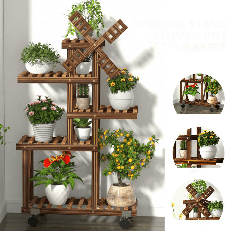 5 Layers Plant Stand Windmill Flower Pot Shelves Indoor Outdoor Garden Planter Shelf Storage Rack with Wheels