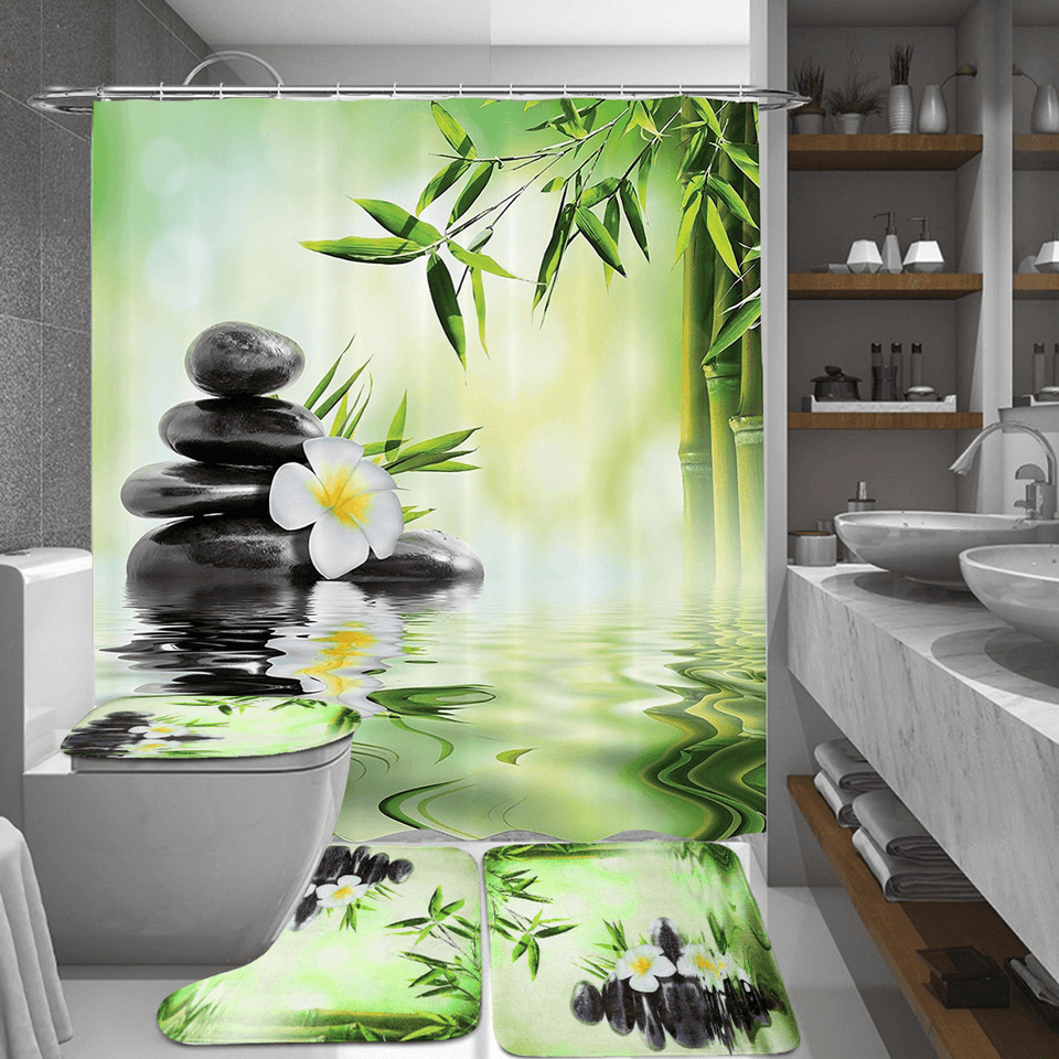 Bamboo Printing Waterproof Bathroom Shower Curtain Toilet Cover Mat Non-Slip Carpet