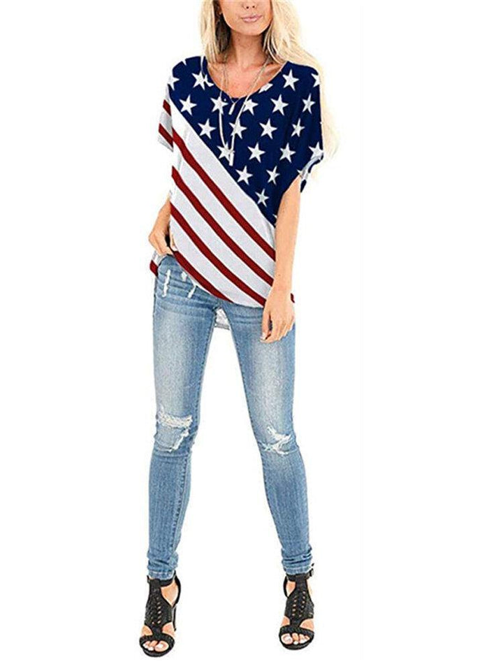 American Flag Star Print Independence Day Crew Neck Women Casual T-shirts For Women