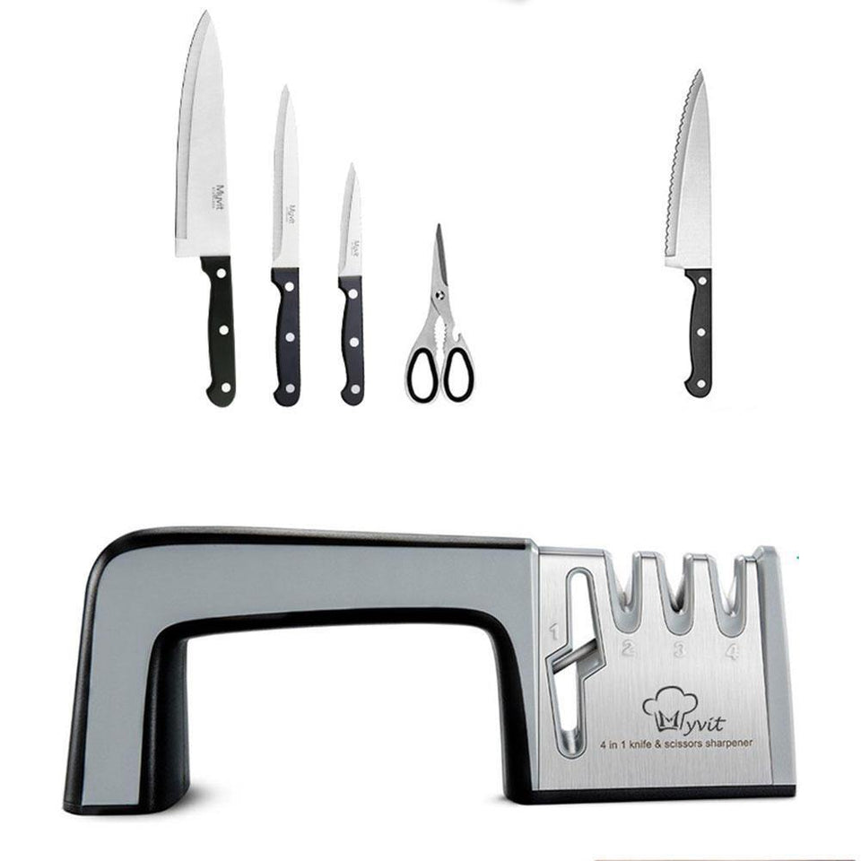 MYVIT Knife Sharpener 4 in 1 Diamond Coated & Fine Ceramic Rod Shears and Scissors Knife Sharpening Sharpen Stone