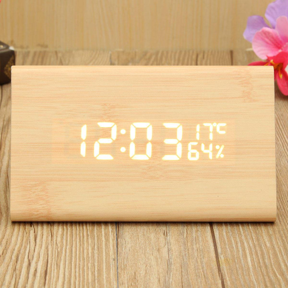 USB Voice Control Wooden Wooden Triangle Temperature LED Digital Alarm Clock Humidity Thermometer