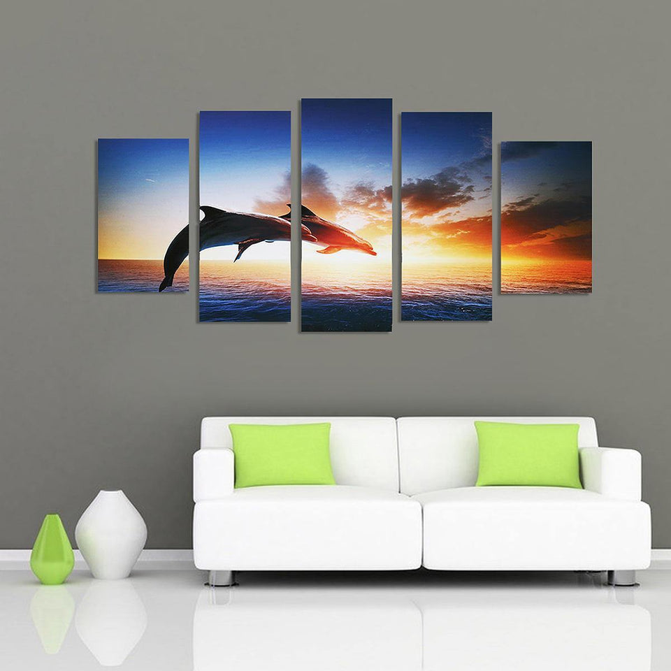 Dolphin Sunset Canvas Print Paintings Poster Wall Art Picture Home Decor Unframed