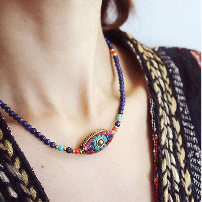Nepalese Tibetan jewelry Bohemian necklace female clavicle chain bracelet brass lapis lazuli retro ethnic style