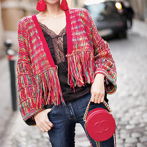 Loose hand-woven rainbow fringed knitted cardigan autumn and winter short sweater coat