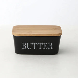 Butterdose aus Porzellan mit Bambusdeckel – Butterdose mit Deckel und Buttermesser für die Arbeitsplatte