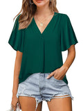 Women’s T-Shirts Solid Color V-Neck Chiffon Loose Short Sleeve T-Shirt