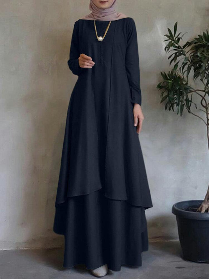 O-Neck Solid Abaya Kaftan Double-layer Design Bohemian Dress For Women