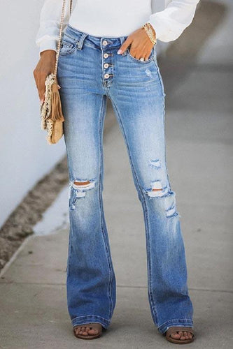 Zerrissene Slim-Flare-Jeans mit Knopfverschluss