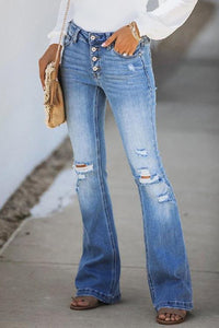 Ripped  Button Fly Slim Flare Jeans