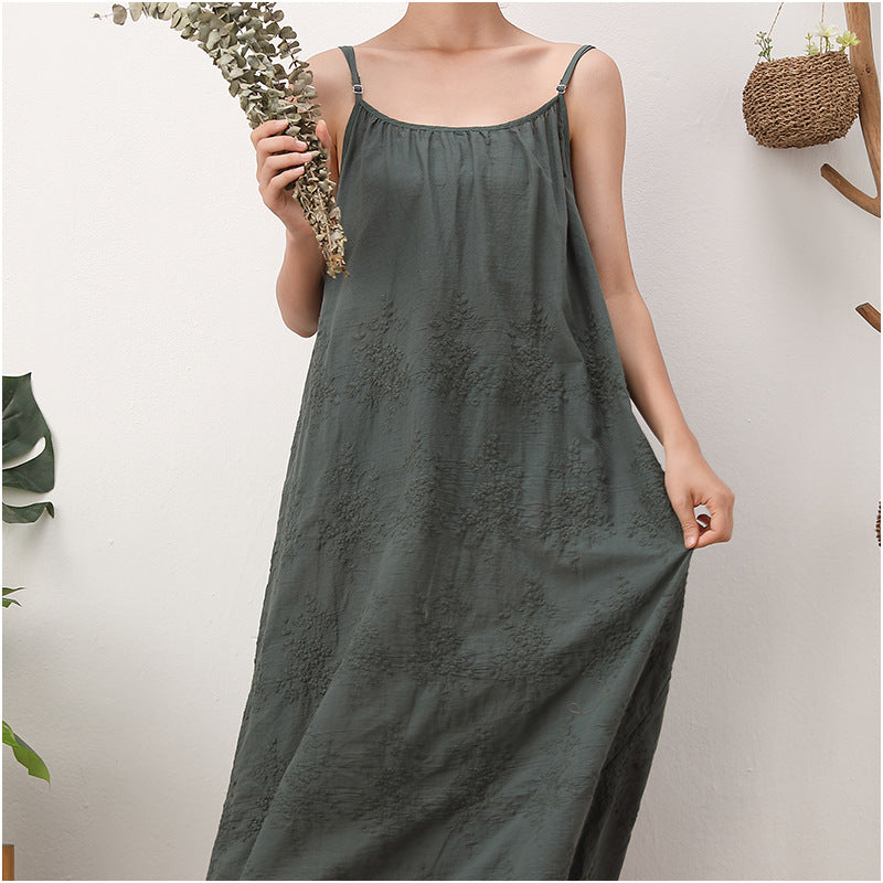 Solid color dress embroidered loose waist suspender bottom cotton linen maxi skirt