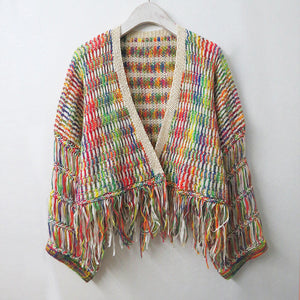 Loose hand-woven rainbow fringed knitted cardigan autumn and winter short sweater coat