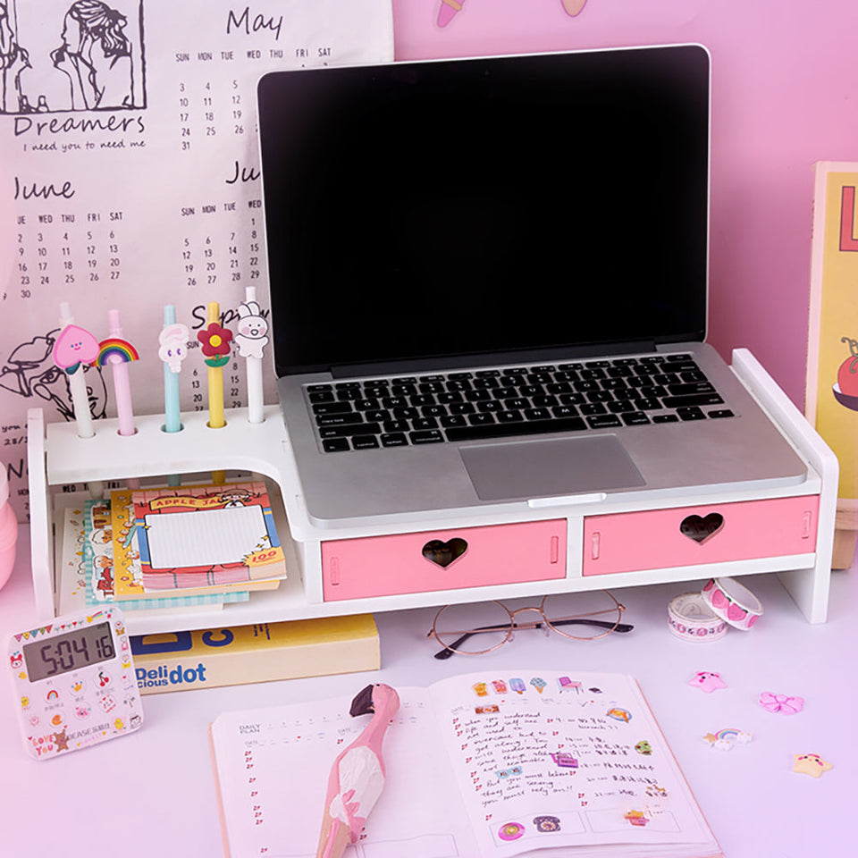 Organizzatore da scrivania in legno rosa cuori Kawaii