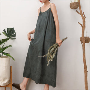 Solid color dress embroidered loose waist suspender bottom cotton linen maxi skirt