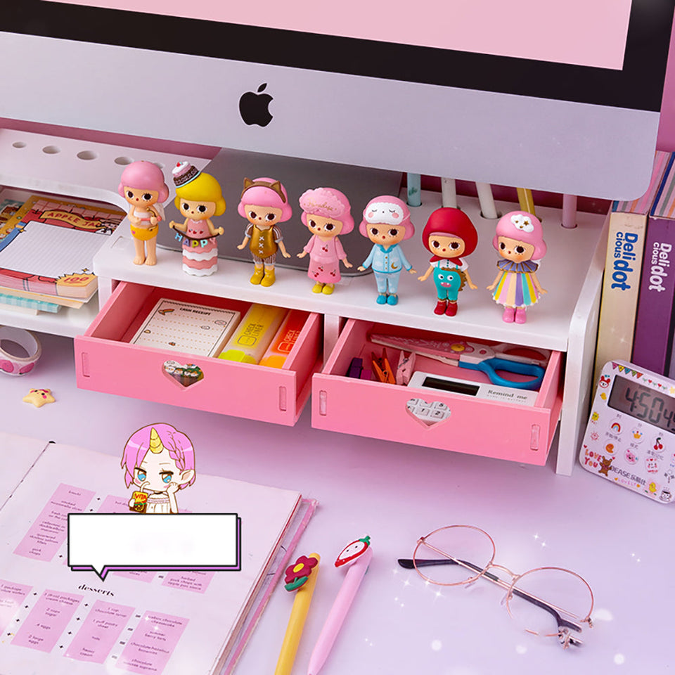 Organizzatore da scrivania in legno rosa cuori Kawaii